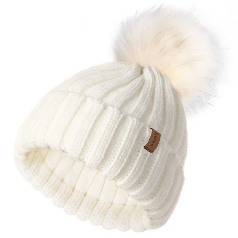 FURTALK Kids Winter Hat Toddler Knitted Beanie with Faux Fur Pom Poms for Baby Girls Boys White with White Pom,3-24 Months - Image 1